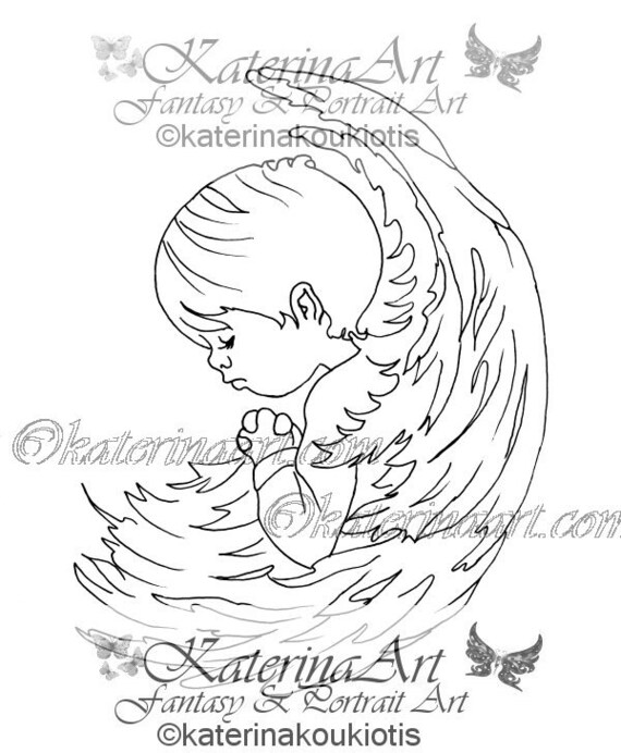 Angel Boy Praying INSTANT DOWNLOAD Printable Colouring page