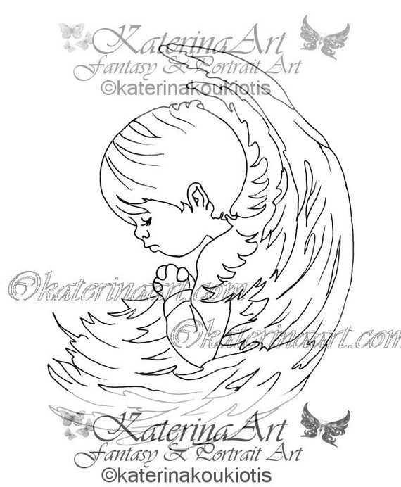 Angel Boy Praying INSTANT DOWNLOAD Printable Colouring page