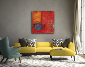 Red Orange Artwork, Original Acrylic Mixed Media Abstract, Modern Industrial Art Painting, Contemporary Fine Art