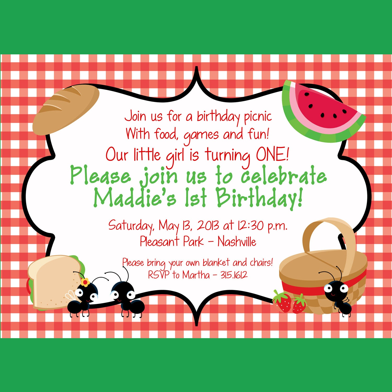 Picnic Invitation Printable Invitation Design by cardsbycarolyn