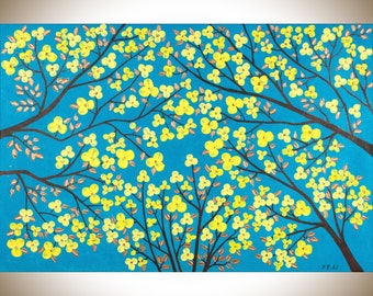 Turquoise Blue yellow copper art copper home decor large wall art canvas art wall decor "The Blooming Season" by qiqigallery