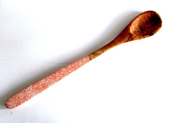 LONG wooden spoon Hand painted solid Olive Wood spoon Big Wooden Spoon Orange and white