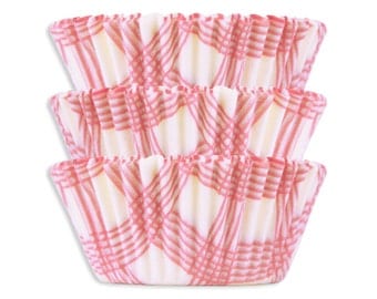 Light Pink Picnic Plaid Baking Cups - 50 pastel pink polka dot cupcake liners
