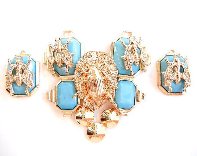 Set of Bug Pendant and Charms Turquoise Blue Acrylic Gems