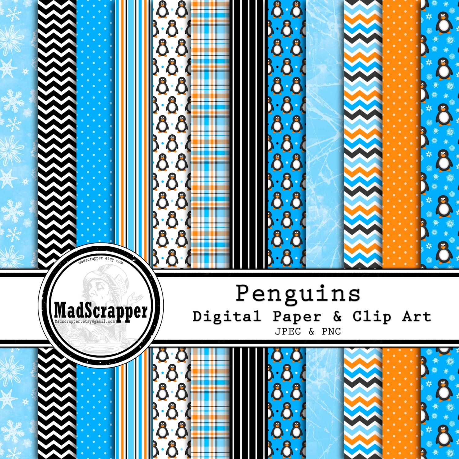 Digital Scrapbook Paper Penguin Paper and Clip Art 12 Patterns