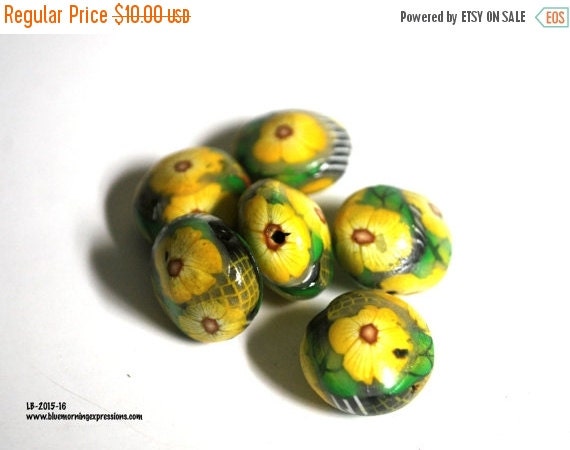 On Sale Handmade Polymer Clay Beads Yellow Flower on a Black Round Lentil Polyclay Bead DIY Jewelry