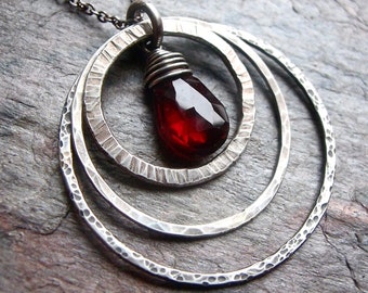 Garnet in Three Sterling Silver Textured Rings Pendant Necklace - Garnet Sterling Silver Pendant on Sterling Silver Chain