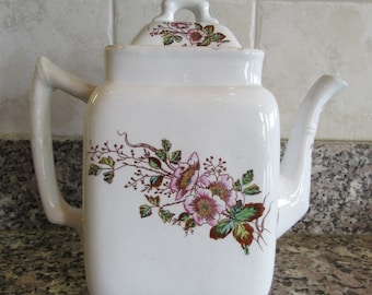 Antique Meakin white ironstone teapot with lid and floral transfer ware design- beautiful, solid, functional