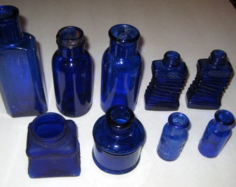 9 Vintage and Antique Cobalt Blue Bottles - Bromo, Perfume, Ink, Cold Cream - Instant Collection