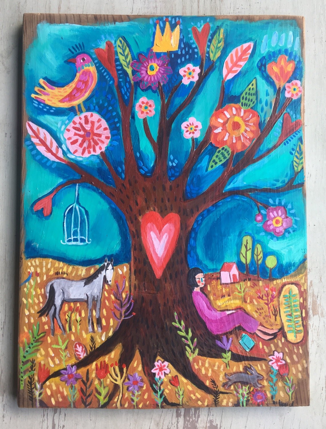 Small Modern Folk Art Painting on Wood Ready to Hang