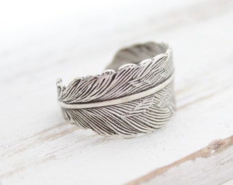 Silver Feather Ring, Feather Wrap Ring, Adjustable Rings, Fashion Jewelry, Popular Trending Jewelry, Feather Jewelry