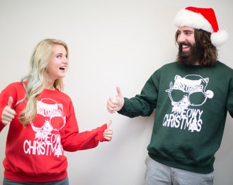 Ugly Christmas Sweater, couple sweatshirts, Meowy Christmas, cat lover gift, funny sweatshirt, matching christmas shirt, his and hers gift