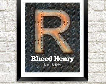 Custom Letter Art, Baby Boy Nursery, Monogram Print, Kids Wall Art, Boy Nursery Decor, Personalized Nursery, Faux Metal Letter Art