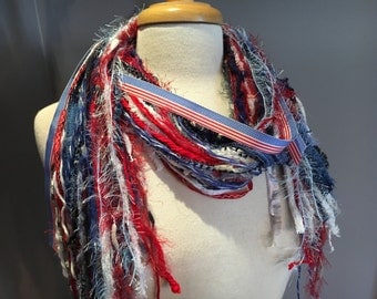 New England Patriots Scarf, Summer Olympics Games Scarf, Red, White and Blue Fringie, knotted scarf for US Olympics, France, Great Britian