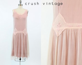 20s Vintage Dress Beaded Silk XS / 1920s Vintage Dress Sheer Pink / Anastasia Dress