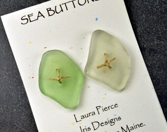 Pair of diamonds two sea foam green genuine Maine sea glass buttons eco friendly accent for sweaters shawls jackets and jewelry craft