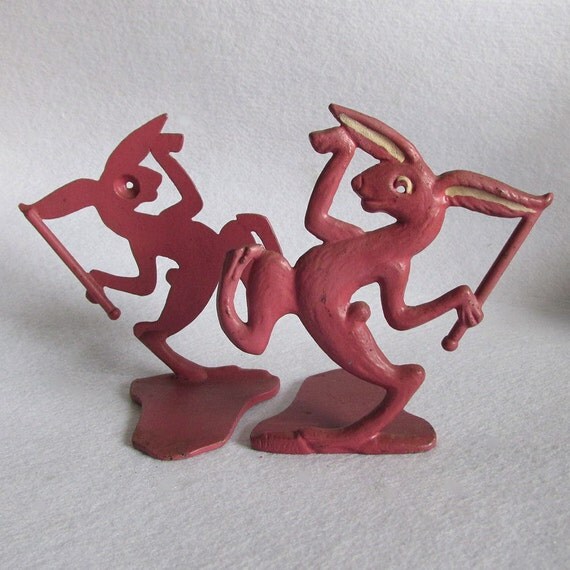 Antique c1930s Art Deco Pink Bunny Rabbit Bookends