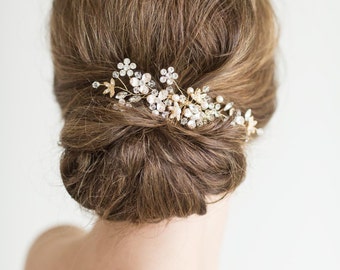 Gold Bridal Comb, Pearl and Crystal Comb, Rose Gold Wedding Hair Comb