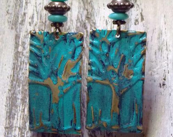 Tree Earrings Brass Woodland Earthy Turquoise Embossed Stamped Colored Rustic Czech Glass Dangle Long Boho Bohemian Drop Earrings