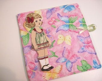 Playbook holder for fabric paper dolls Butterflies on glittery pink