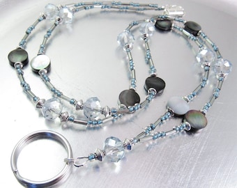 Petite Light Blue Luster Crystal Glass and Black Natural Shell Beaded ID Lanyard, Badge Holder, Eyeglass Leash