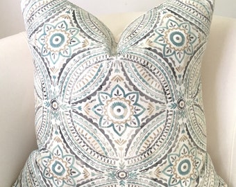 Aqua Pillow Turquoise Pillow Cover Decorative Throw Pillow Aqua Gray Pillow Cushion Accent Pillow Medallion Pillow
