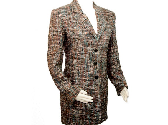 1980s CHANEL Boutique Gray Graphite Turquoise and Coral Tweed Womens Blazer