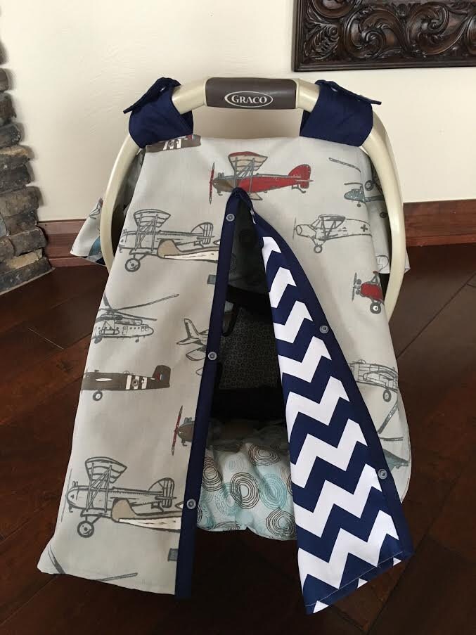 Airplane Seat Cover Baby Car Seat Cover Vintage Airplane With Navy Chevron All Cotton Boy Canopy Shower Gift