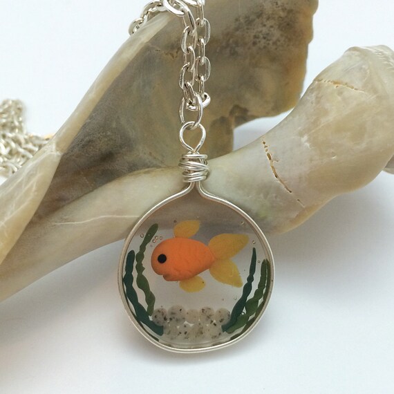 Items similar to Resin Fishbowl Pendant Necklace, Polymer Clay Goldfish