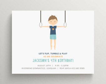 gymnastics boy birthday invitation set // gymnastics party // gymnast // thank you note // rings // olympics // party package