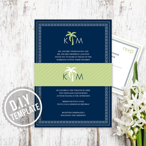 DIY Custom Destination Wedding Invitation Preppy Palm Tree
