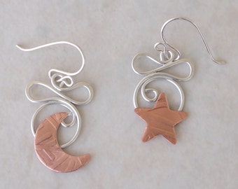 Star and Moon Earrings; Moon and Star Earrings; Silver and Copper Star & Moon Earrings