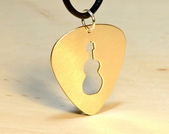 Guitar Pick Bronze Necklace with Handsawed Guitar Cut Out and Space to Personalize - GP844