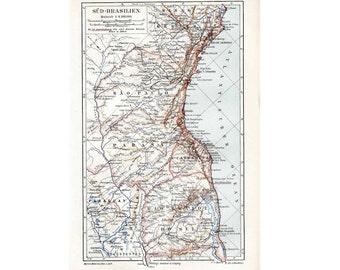 1894 ANTIQUE BRAZIL MAP original antique lithograph south america