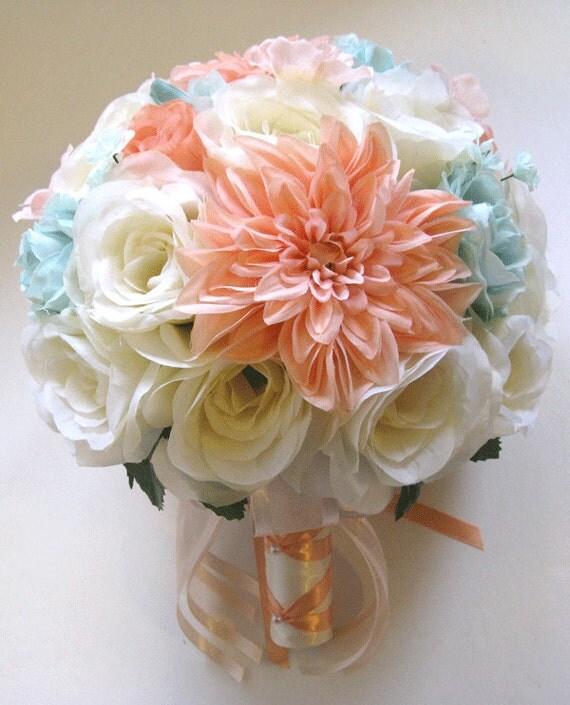 Wedding bouquets Silk flowers CREAM PEACH Light MINT Blush 17