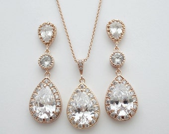 Rose Gold Bridal Earrings and Necklace Set, Wedding Jewelry Set, Clear Cubic Zirconia, Teardrop, Pink Gold Bridal Jewelry