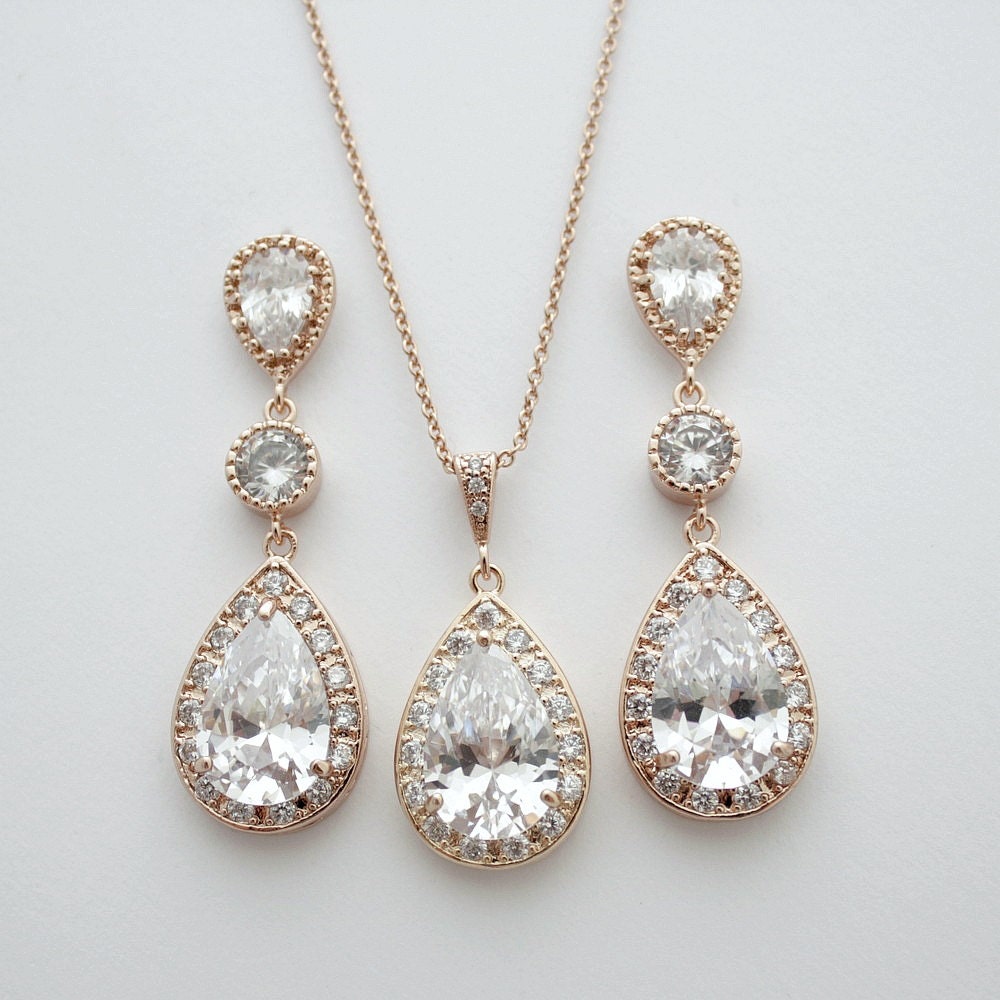 Rose Gold Bridal Earrings And Necklace Set Wedding Jewelry 8875