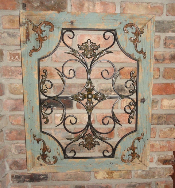 Rustic Turquoise Wood \u0026 Metal Wall Decor Cottage Chic Shabby