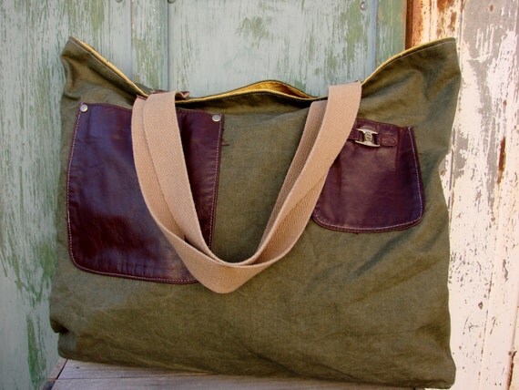 Items similar to Army Green Canvas Tote - Repurposed Tent and Upcycled Materials on Etsy