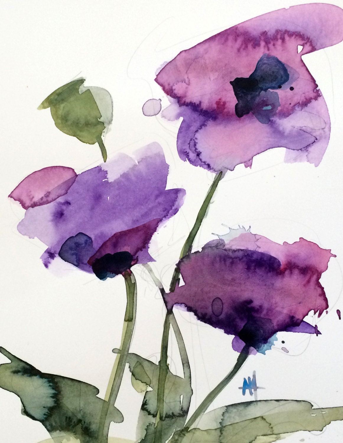 Purple Poppies no. 4 Original Watercolor Floral Painting by