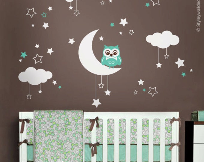 Owl Wall Decal, Owl Moon Stars and Clouds Wall Decal, Moon and Stars Wall Decal, Owl Nursery Kids Wall Sticker, Clouds Night Wall Decal