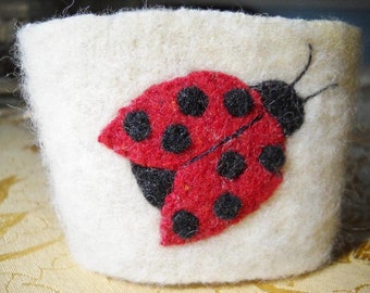 Ladybug Felted Wool Coffee Cozy Coffee Sleeve