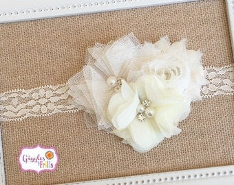 Ivory Headband, Ivory Flower Headband, Flower Girl Headband, Cream Lace Headband, Photo Prop, Ivory Lace Headband, Cream Headband
