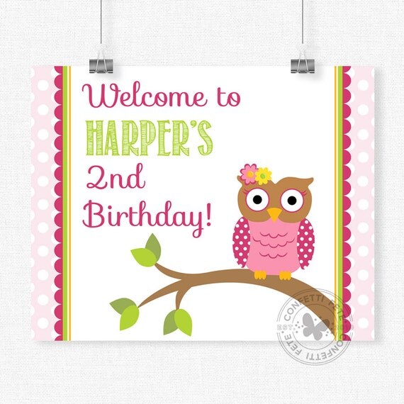Owl Birthday Sign, Pink Owl Party Sign, Owl Party Decorations, Owl Table Sign, Printable 8x10 Sign Il_570xn