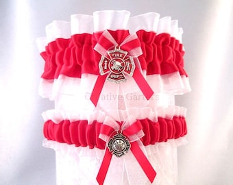 Firefighter Wedding garter set - Firefighter Maltese Cross Garters - Red line Firefighter Garters - Firefighter Garter Belt set.