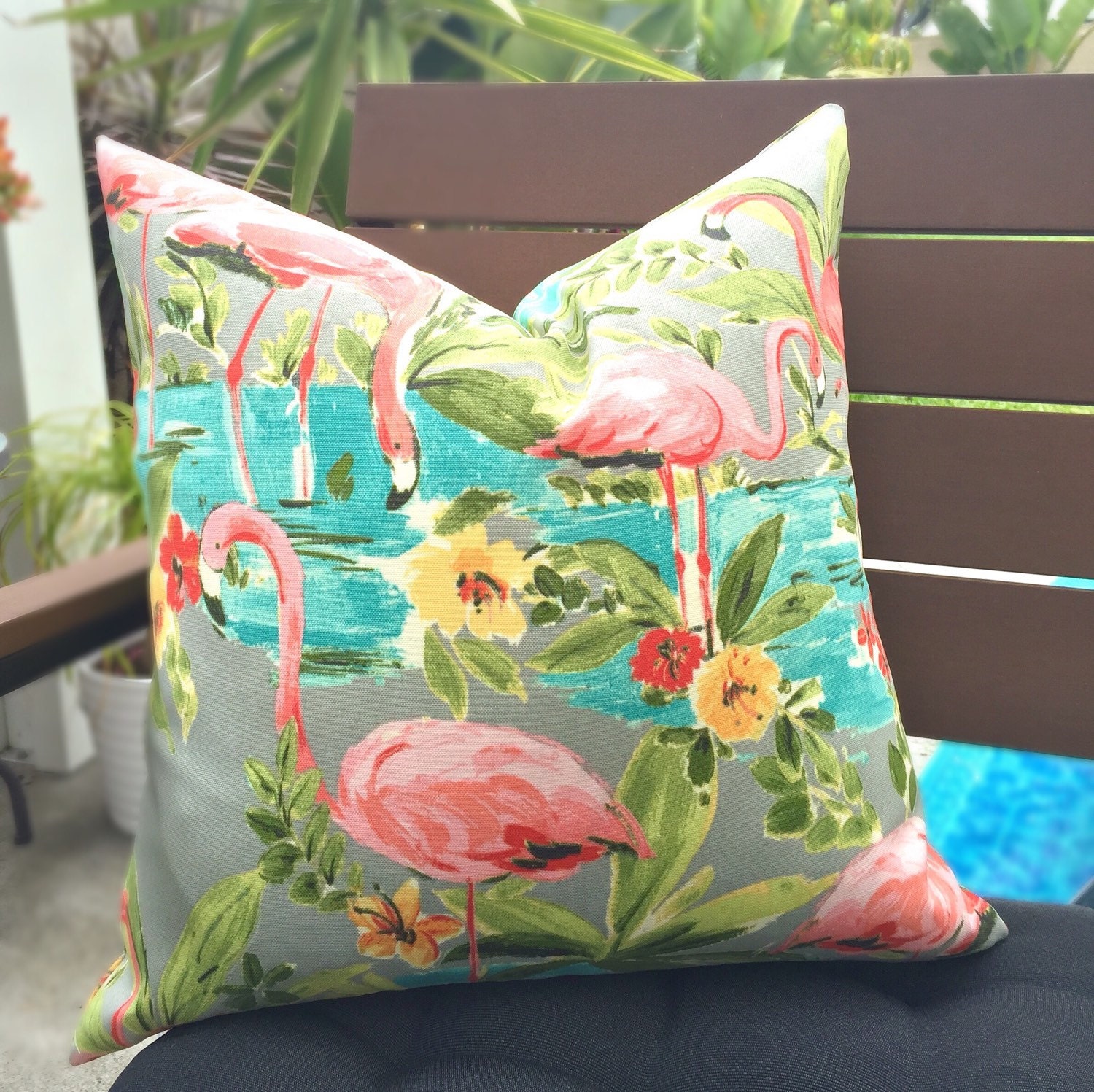 Outdoor Flamingo Pillow Cover Pink Turquoise Yellow