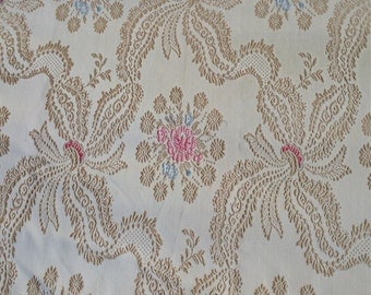 Vintage BedSpread Ribbon Swirl and Floral Pattern Shabby Chic Spread Vintage Bedding Fringed Spread Tan Gold, Pink and Blue Vintage Bedding