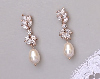 Chandelier Pearl Bridal Earrings Crystal Leaf and Pearl Drop