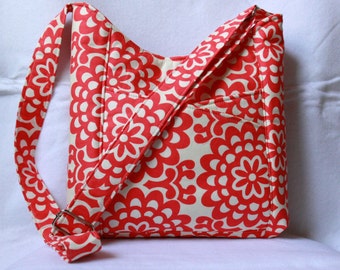 Cross Body Tote Bag with Front Pockets - Wallflower Cherry by Amy Butler