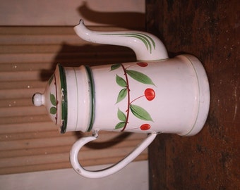 Enameled French COFFEE POT hand painted with CHERRIES